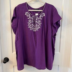 Lane Bryant Purple Cotton Blouse with Floral Embroidery